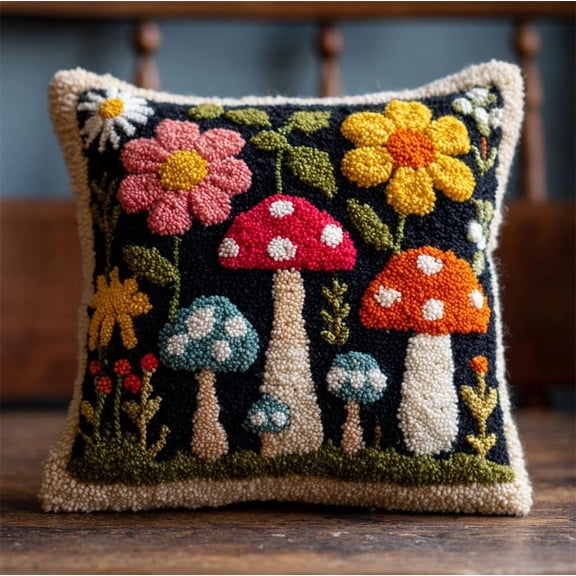 Latch Hook Kit For Adults,Mushrooms And Flowers Latch Hook Pillow Case Kits, Diy Cushion Kit 17X17Inch, Cross Stitch Embroidery Kits Cover Home Decor 43X43Cm