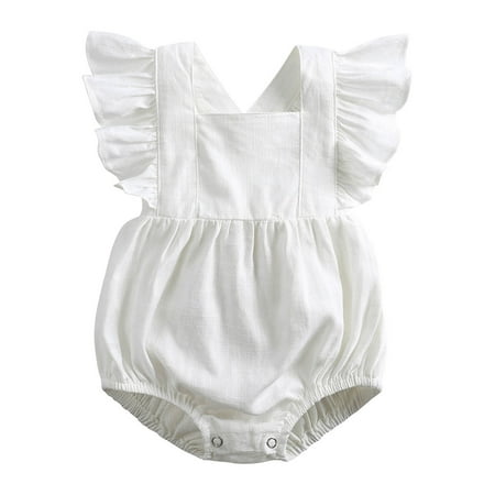 

QISIWOLE Toddler Baby Girls Fashion Cute Solid Color Cotton Linen Ruffles Backless Jumpsuit Romper Deals