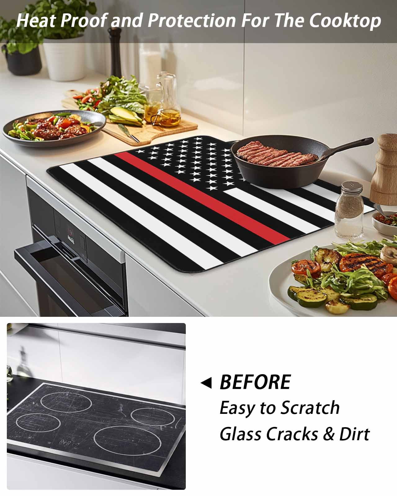 Stove Top Covers for Electric Stove, Red White Stripe Fireman American Flag Glass Stovetop Cover Protector, Fire Fighter USA Flags Induction Cooktop Protector Oven Mat for Kitchen Countertop 24"x21"