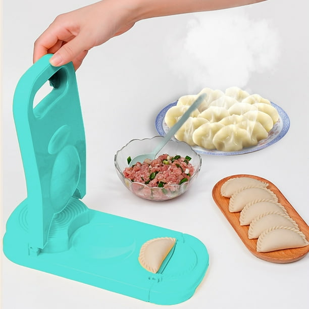 Máquina multifuncional para hacer dumplings | Prensa para gyozas y pasta | Amarillo y azul cielo | Plástico apto para uso alimentario | Cocina casera fácil para principiantes y familias