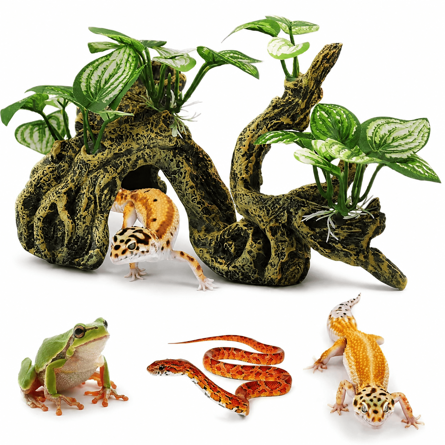 FURVENA 2026 New Resin Branch for Reptile Tank,Crested Gecko Climbing Branches with Hideout Cave Bearded Dragon Tank Accessories Lizard Terrarium Habitat Plant Decorations for Snake Gecko Spider Frog