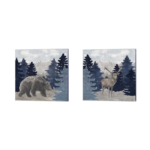Great Art Now Blue Cliff Mountains Scene - Bear, Deer by Tara Reed 2 Piece Canvas Art Set Each 14"W x 14H