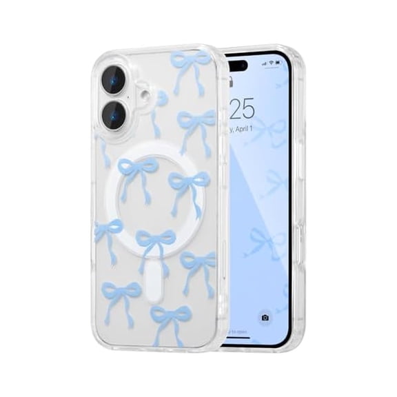 Magnetic for iPhone 16 Plus Case, Bow Case Compatible with MagSafe, Wireless Slim Clear Ribbon Aesthetic Phone Cover Anti-Yellowing Shockproof Protective Cover for Women Girl - Baby Blue