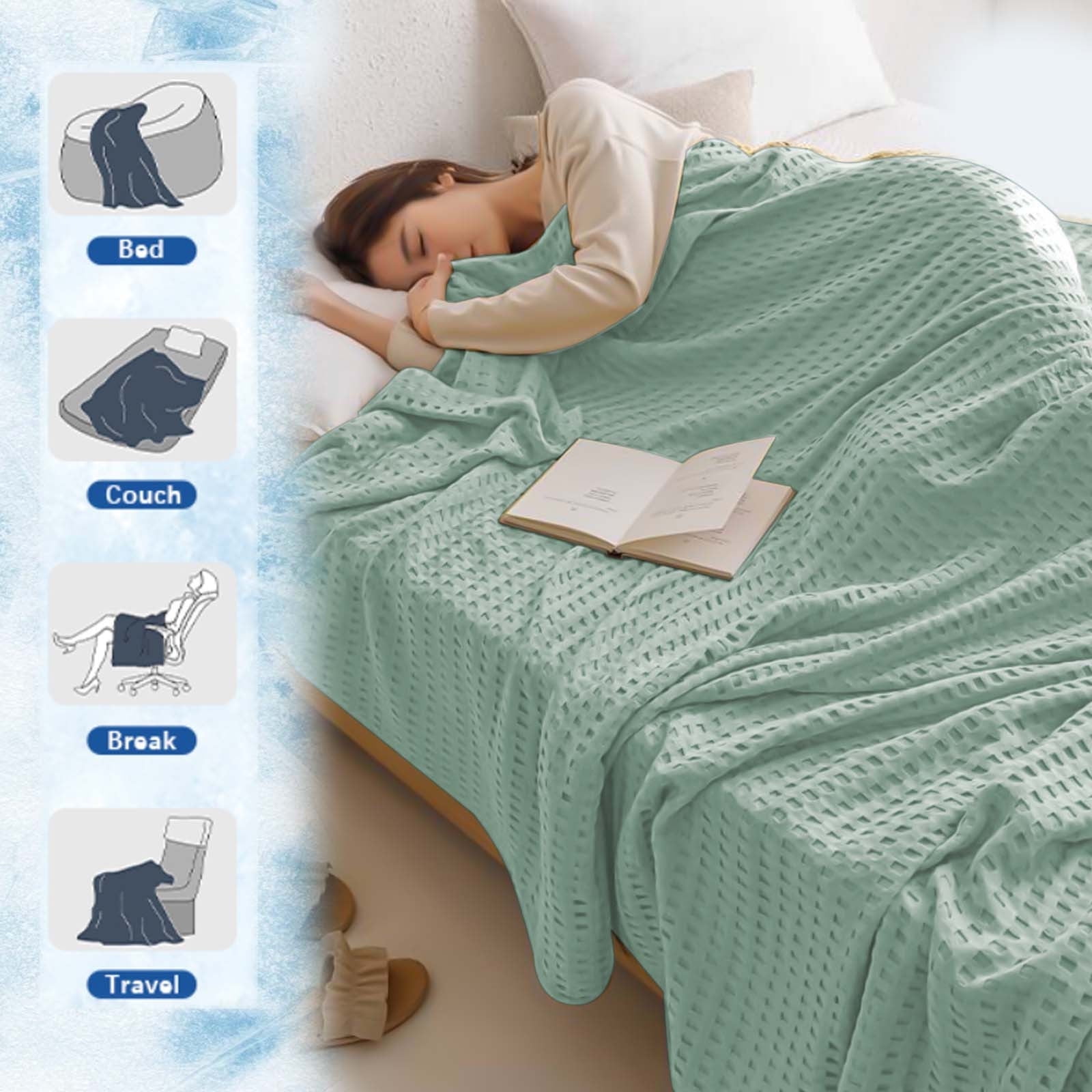 Loyerfyivos Cotton Blankets Queen Size for Bed - Waffle Weave Blankets for Summer, Lightweight and Breathable Soft Woven Blankets for Spring, White, 43.31x59.05in (Light green)
