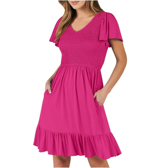 AherBiu Summer Dresses for Women Smocked V Neck Short Sleeve Ruffle Basic Midi Dress with Pockets