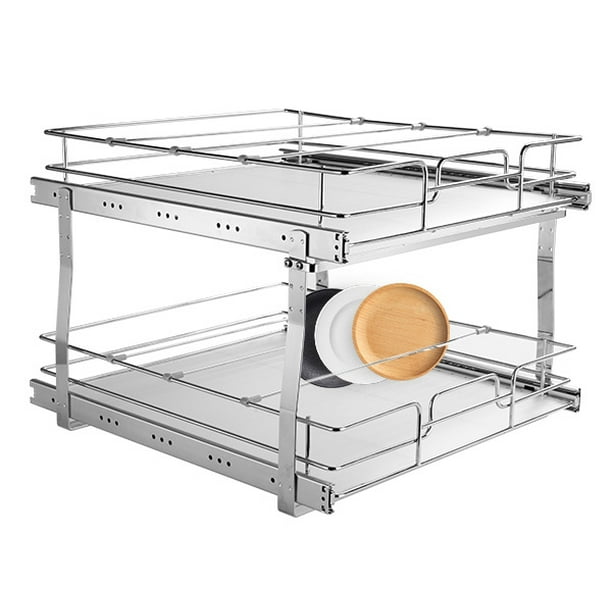 VEVOR Organizador de gabinete extraíble de 2 niveles, 14 pulgadas de ancho x 21 pulgadas de profundidad, estantes de despensa deslizables resistentes, cajones enrollables de acero cromado