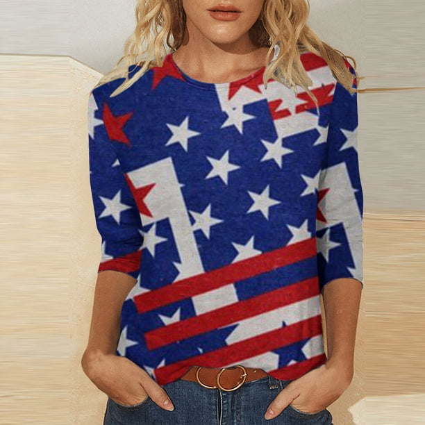Fiudx Ofertas de La Semana Blusa Holgada con Estampado de Independencia y Cuello Redondo Retro de Manga Tres Cuartos a La Moda para Mujer