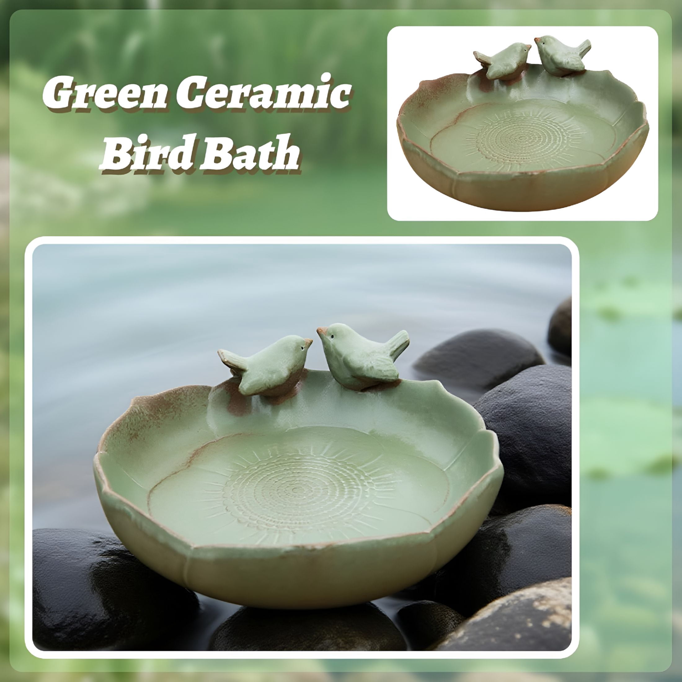 ACDANC Green Ceramic Bird Bath Bowl-9.45-Inch Ceramic Bird Baths for Outdoors,Durable Ground Bird Bath Bowl Ideal for Garden,Tabletop,Deck,Balcony&Lawn Use