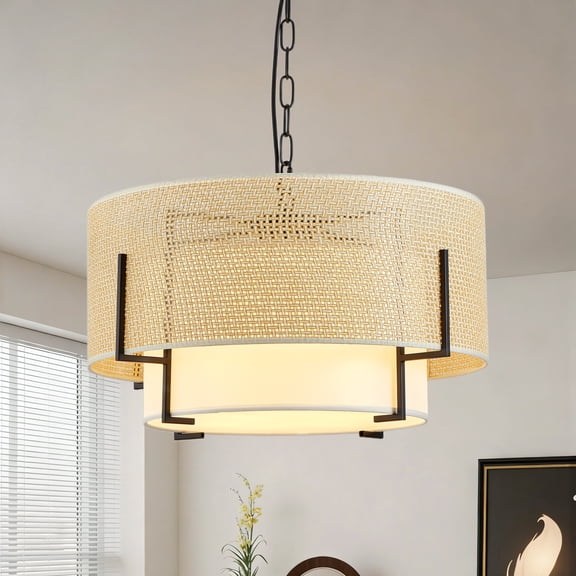 19.7'' Farmhouse Boho Chandelier, 4-Light Handwoven Rattan Pendant Light with Fabric Shade for Dining Room Kitchen Island Bedroom Foyer Entryway Living Room Decor