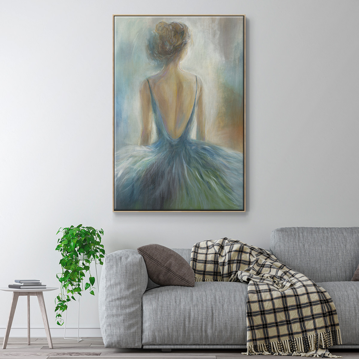 Lady in Blue Framed Premium Gallery Wrapped Canvas - Ready to Hang - 17 x 25 - Natural Wood Floating Frame