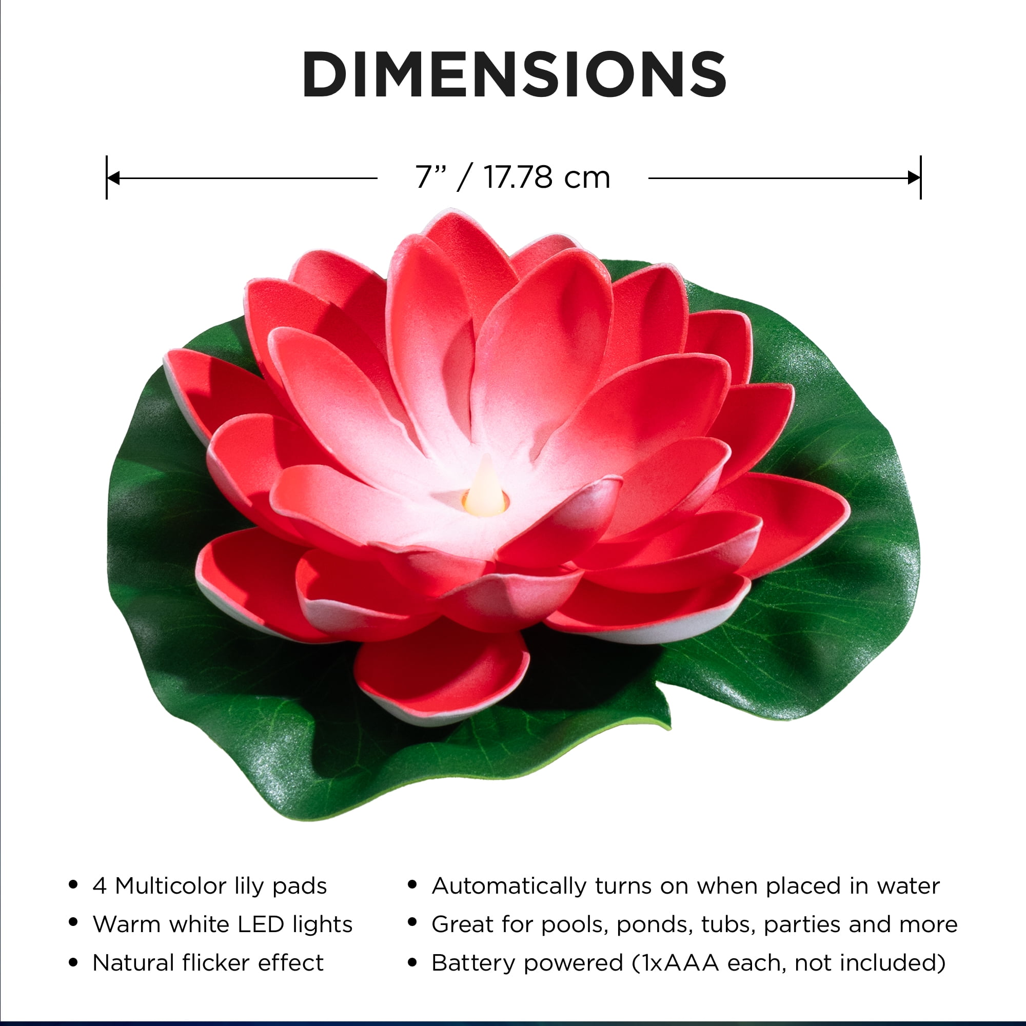 Merkury Innovations 4pk 7” Floating LED Lily pads for Ponds & Pools - Warm White Flickering Lights, Outdoor Decoration