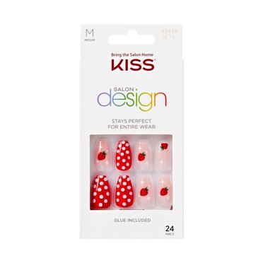 KISS Salon Design, Press On Nails, Strawberrific, Red, Medium Coffin, 24 Count