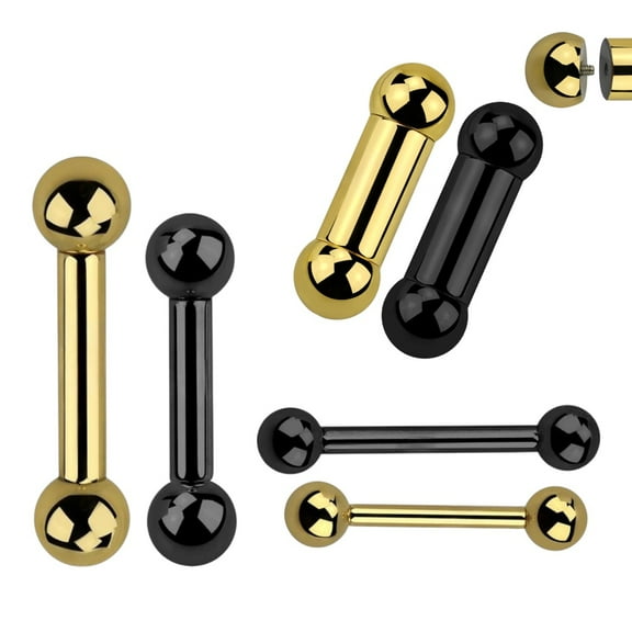 Black & Gold PVD Straight Barbell – 316L Surgical Steel Piercing Jewelry in 12G–00G, 16mm or 19mm Length, Internally Threaded Balls, Single Piece for Tongue or Nipple Piercings