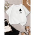 thumbnail image 1 of Casual Crew Neck Cartoon Cat Print Tee 100% Cotton Knit Top for Teens, Medium Stretch Short Sleeve Regular Fit Summer T-Shirt with Regular Length - No Belt or Chest Pad, 1 of 6