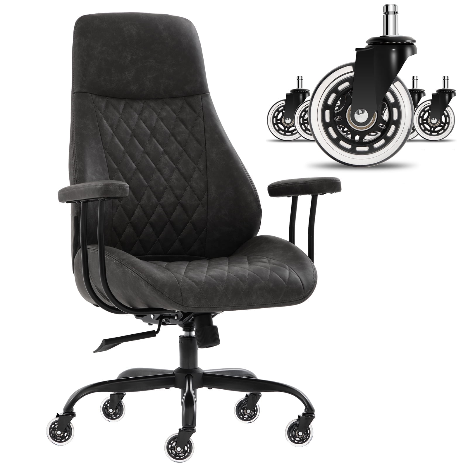 E-Motie Home Office Desk Chair, Ergonomic High Back Leather Computer Chair with Lumbar Support, Adjustable Height & Recline, Swivel Executive Office Chair with Armrests and Rubber Casters, Dark Gray