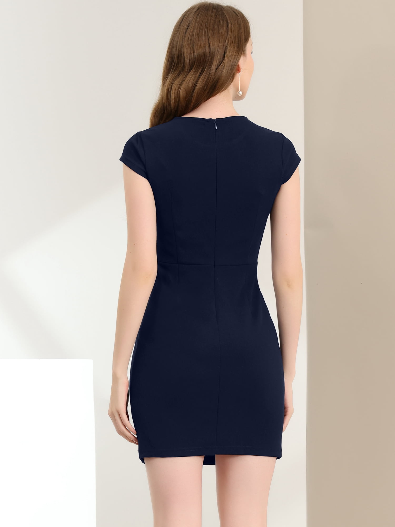DARING DIVA Solid Work Cap Sleeve Bodycon Dresses L Dark Blue