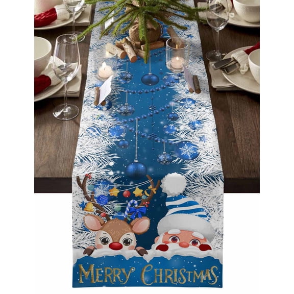 Christmas Table Runner Santa Claus Elk Deer Reindeer Table Runners Xmas Balls Blue Cotton Linen Dresser Scarf Kitchen Dining Table Decor for Christmas Holiday Party Decor 13x36 Inch