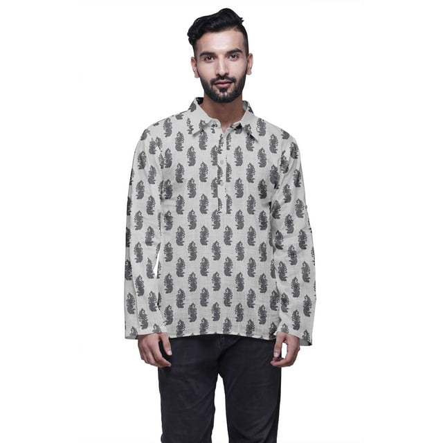 Atasi Kurta à Manches Longues pour Hommes en Coton Imprimé avec Col Évasé Ethnique
