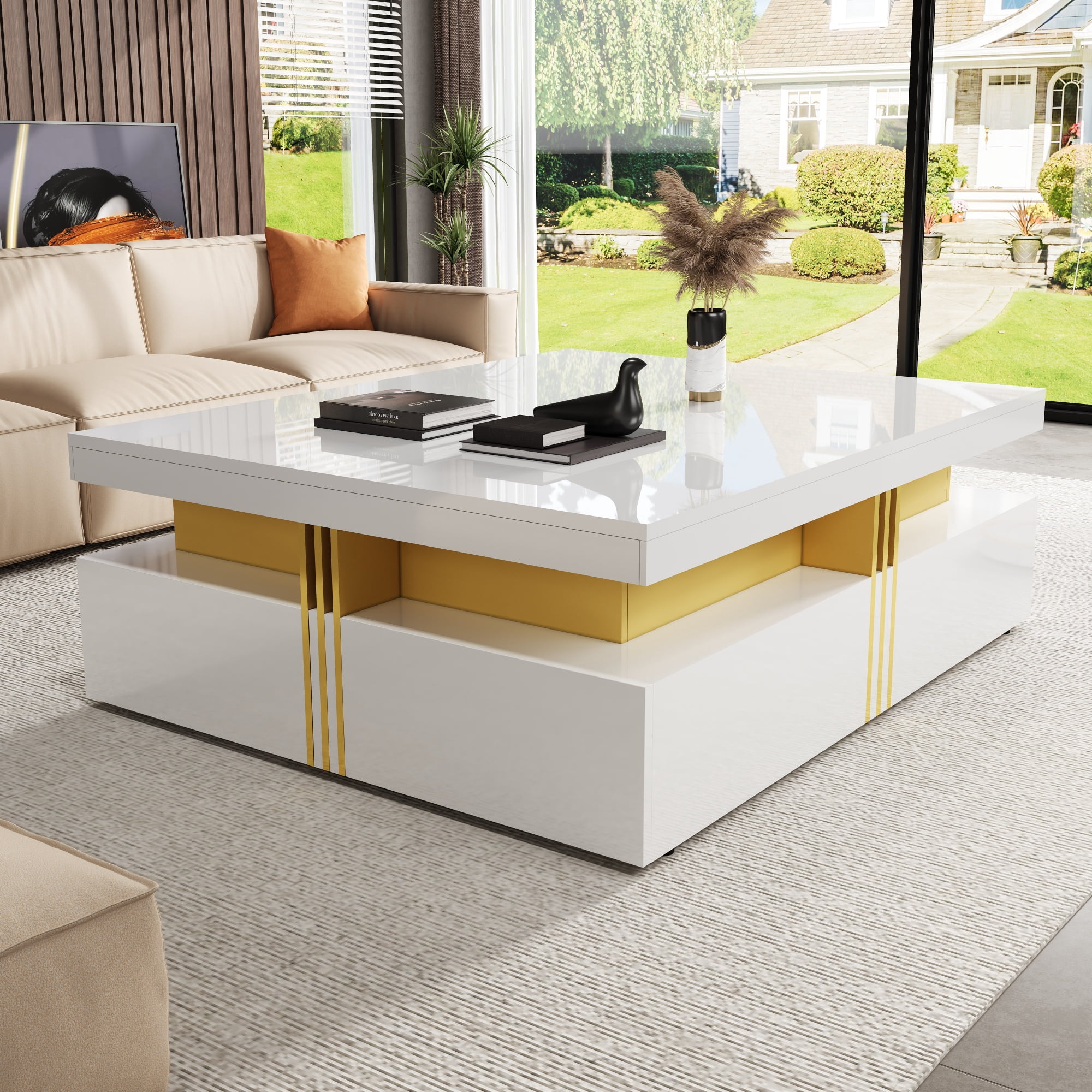 Euroco Modern Glossy Square Storage Coffee Table with 4 Drawers, 43.3", White