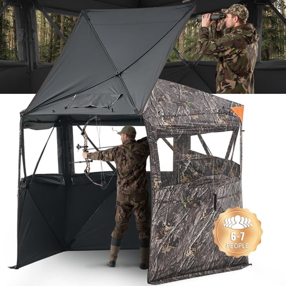VEVOR Hunting Blind, 6-7 Person, 288 Degree 5 Side See-Through Ground Blinds with Carrying Bag, Portable Camouflage Tent, Durable Concealed Shelter with Silent Zipper Door and Window, for Turkey Deer