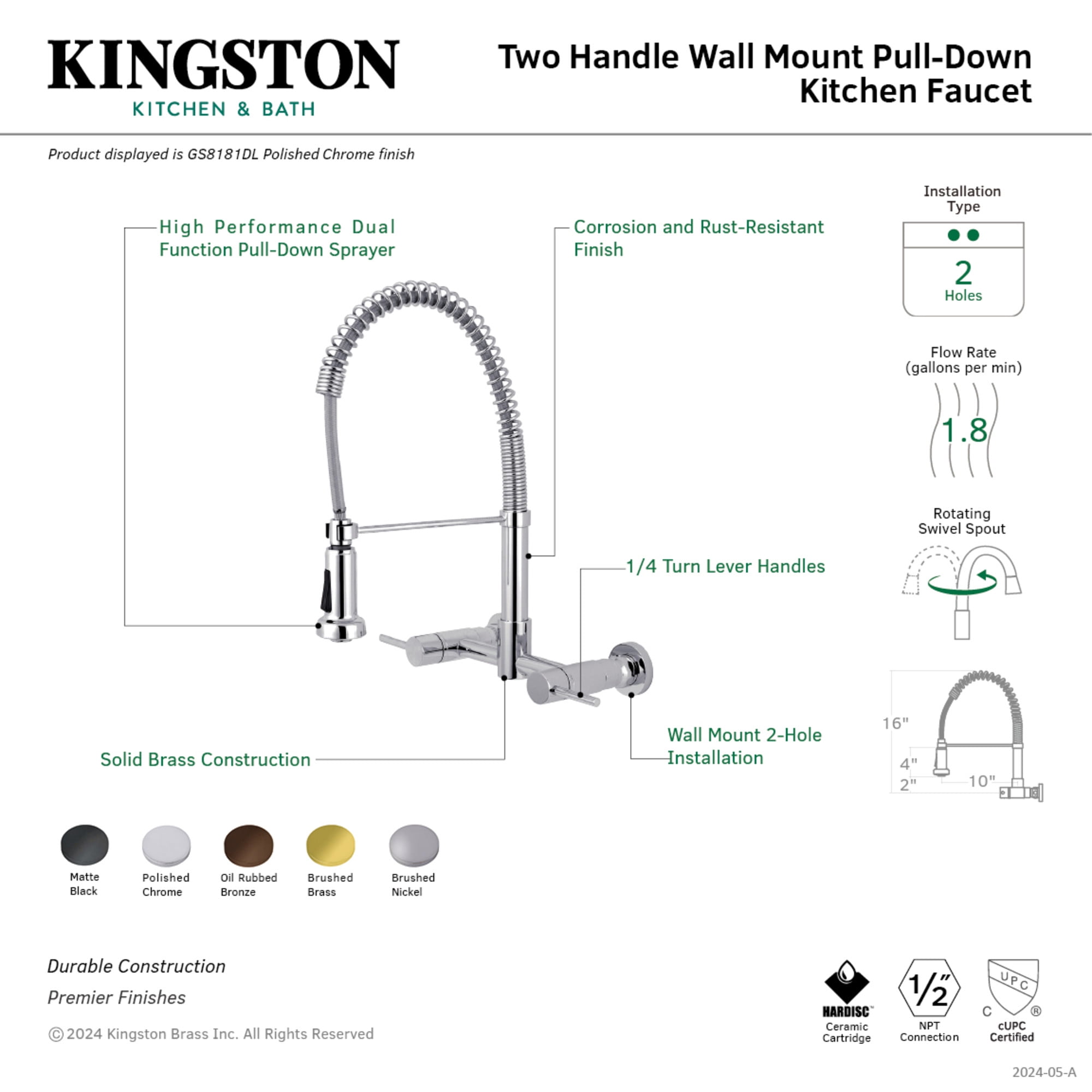 Gourmetier GS8180DL Concord Double-Handle Wall-Mount Pre-Rinse Bridge Kitchen Faucet, Matte Black