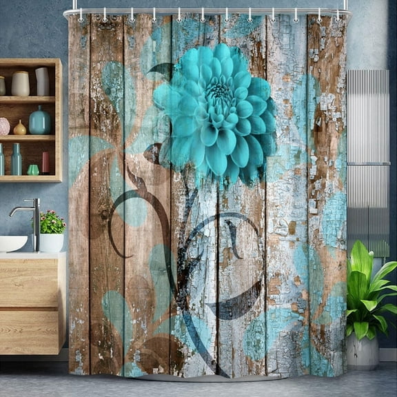 Farmhouse Flower Floral Shower Curtain, Teal Floral Barn Wood Farmhouse Shower Curtain Set, Country Turquoise Blue Brown Fabric Shower Curtain with Hooks, 69x70inch