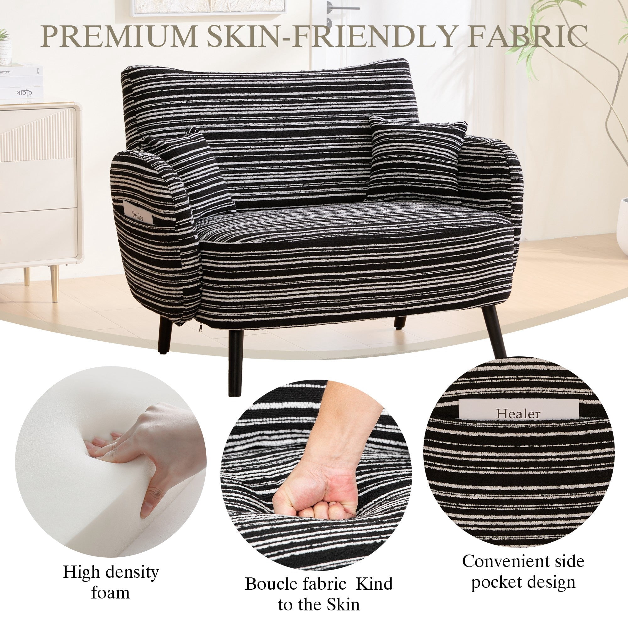 Sailvan Modern 2-Seater Loveseat Sofa with Side Storage Pockets & Armrest Pillows,Deep Seated Small Space Couch Black