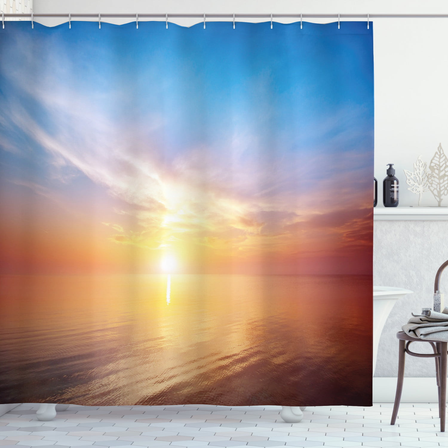 Sunrise Decor Shower Curtain, Magical Horizon Seascape Bay Ocean ...