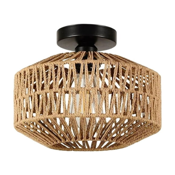 A Bohemian Rattan Ceiling Light Handwoven Rope Pendant Lamp 11.8X8.7 Inches Wicker Basket Fixture For Dining Room Bedroom Porch Farmhouse Style Natural Fiber Hanging Light