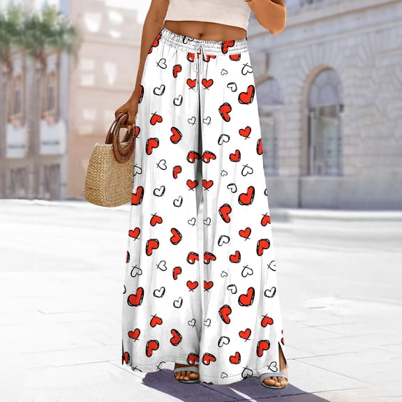 Endives Women's Wide Leg Pants Heart Print Casual Loose Baggy Pants With Pockets Lounge Pants