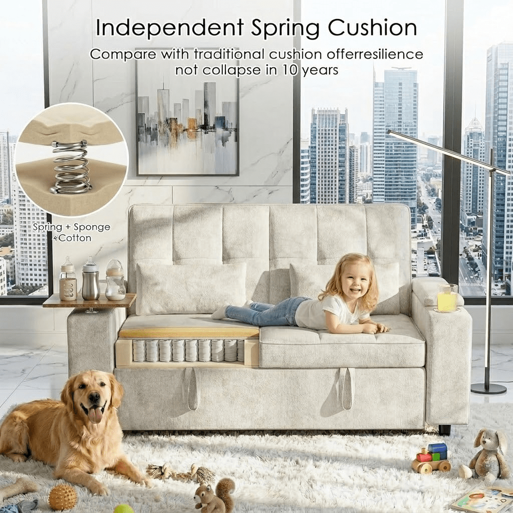 Howcool 65" Sleeper Sofa Bed, 3-in-1 Convertible Pull Out Couch Bed with Tray Table & Cup Holders, Chenille Loveseat Sofa with Adjustable Backrest for Living Room, Apartment(Beige)
