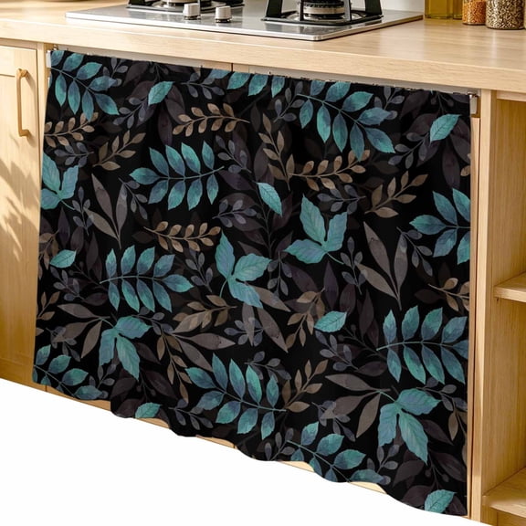 Teal Leaves Fall Cabinet Dishwasher Hidden Curtains, Privacy Closet Door Curtain, Thanksgiving Botanical Rustic Black Adhesive Dust Proof Under Sink Skirt for Bathroom Kitchen 35"x35"