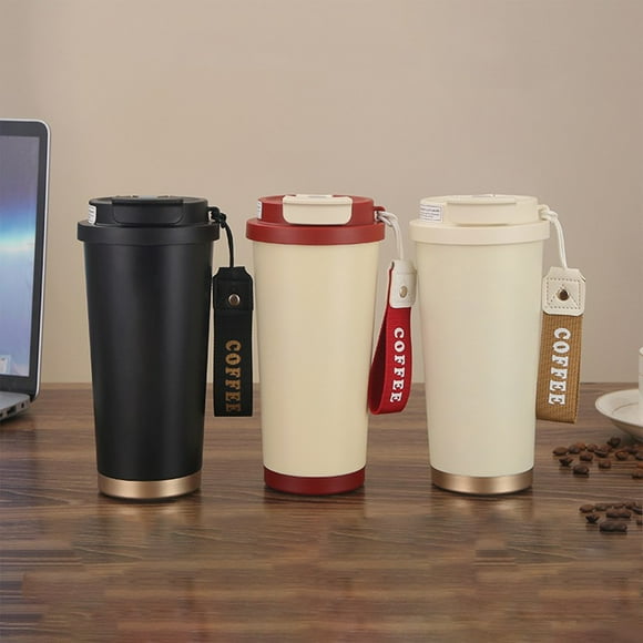 Mejor vaso de paja de acero inoxidable con tapa y cuerda de transporte - Taza de viaje aislante para café de 500 ml para bebidas calientes y frías