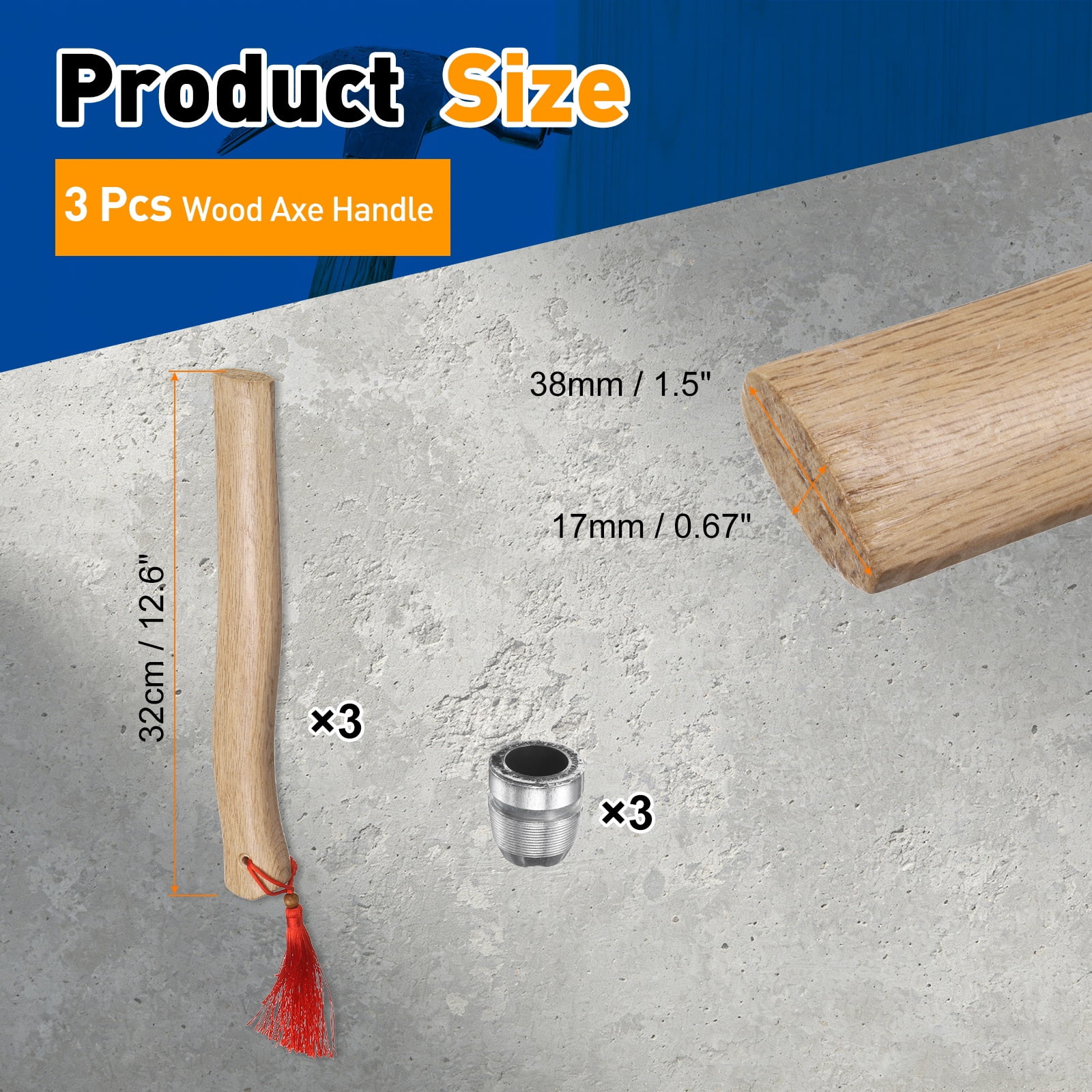 Uxcell 3pcs Wood Axe Handle Replacement 12.6" Universal Hickory Hatchet Handles with Round Wedges for Camping Gardening Axe