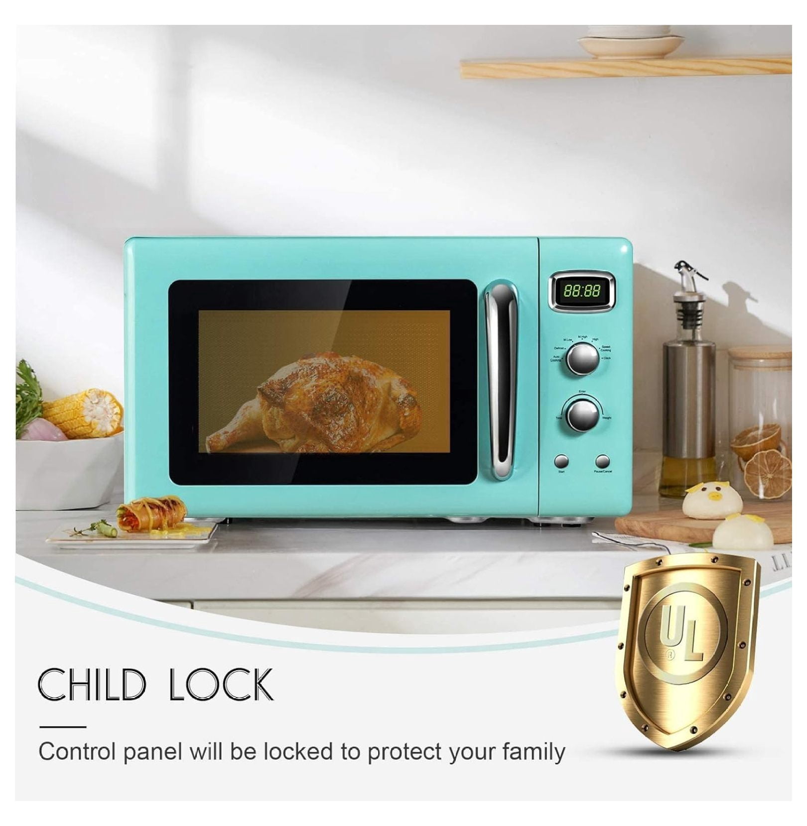 Microwave Oven, 900W/0.9Cu.Ft, Small Countertop Microwave w/Defrost & Auto Cooking, LED Display, Pull Handle, Easy Clean Stainless Steel Interior, Child Lock, ETL Certification Mint