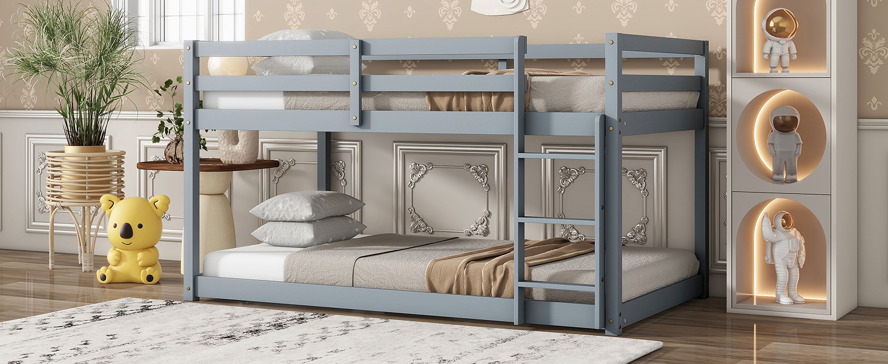 Solid Wooden, Solid Rubber Wooden Twin over Twin Floor Bunk Bed with Ladder, with Bed Platform of Strengthened Slats, Grey