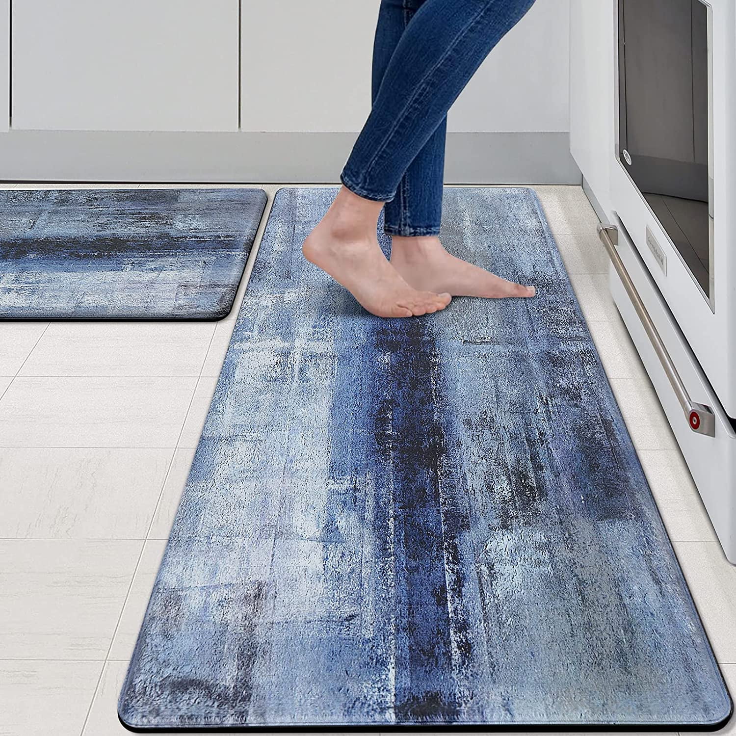 Blue Kitchen Rugs and Mats 2/5 Inch Set of 2 Anti Fatigue Mat Grey Kitchen Cushioned Comfort Mat