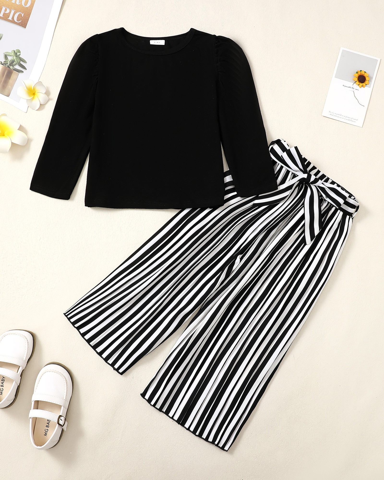 5T Baby Girls Clothes 6Y Girls 2PCS Outfits Set Round Neck Little Girls Long Sleeve Top Pants Set Black