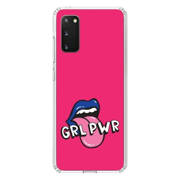 DistinctInk Clear Shockproof Hybrid Case for Galaxy S20 PLUS / 5G (6.7" Screen) - TPU Bumper, Acrylic Back, Tempered Glass Screen Protector - Girl Power - GRL PWR - Loud Mouth, Pink & Blue