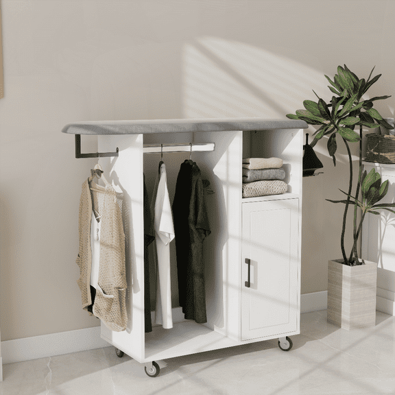 E1 MDF Rolling Ironing Cart with Storage Cabinet - Compact White Solution for Laundry Room, Bedroom & Cloakroom