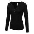 thumbnail image 3 of Women's Button V-neck Slim Cut Henley Long Sleeve City BLACK 1X Plus Size, 3 of 4