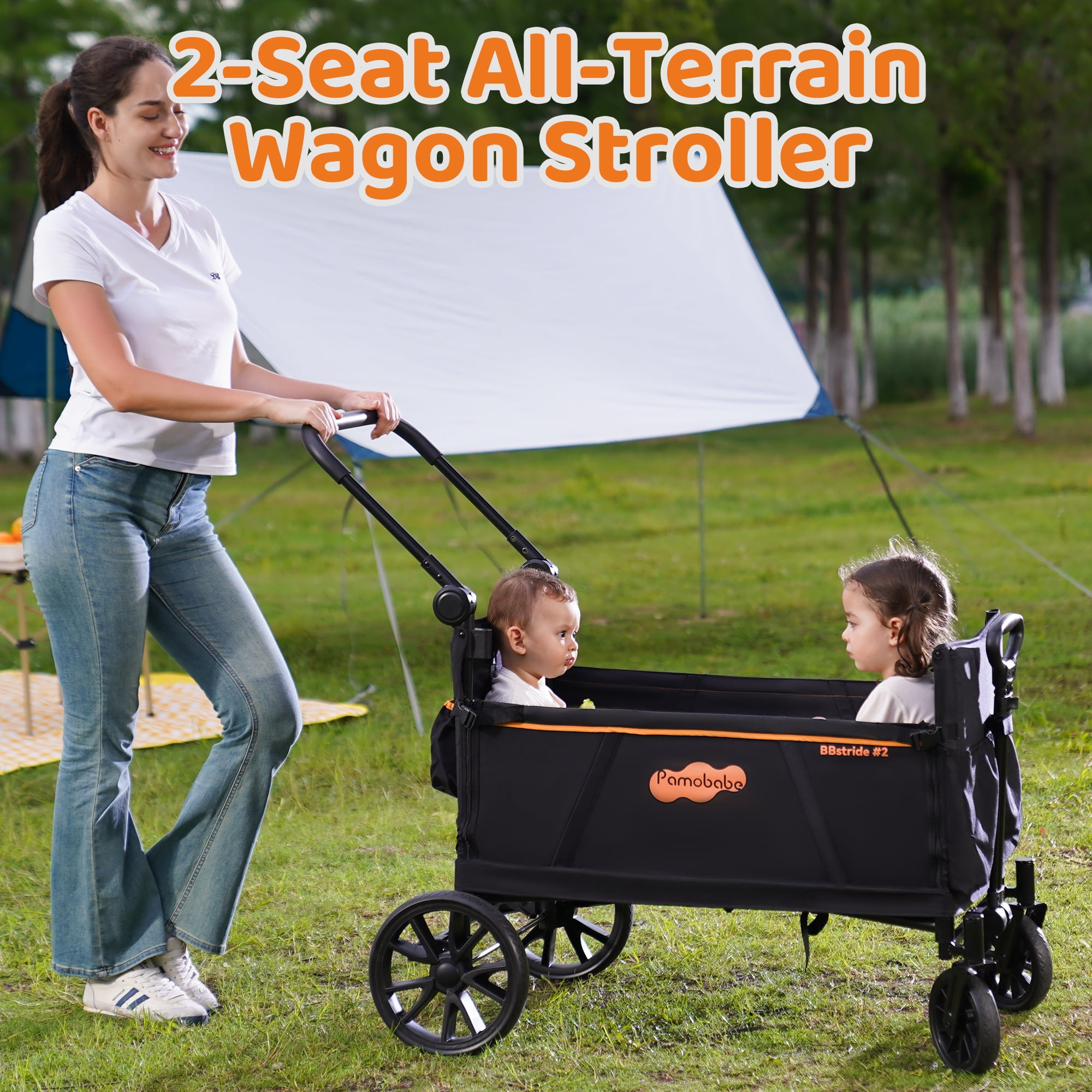 Pamo Babe Wagon Stroller, 2-Seat and All-Terrain Wagon with Canopy, Adjustable Handlebar for Toddlers, 1 Pack