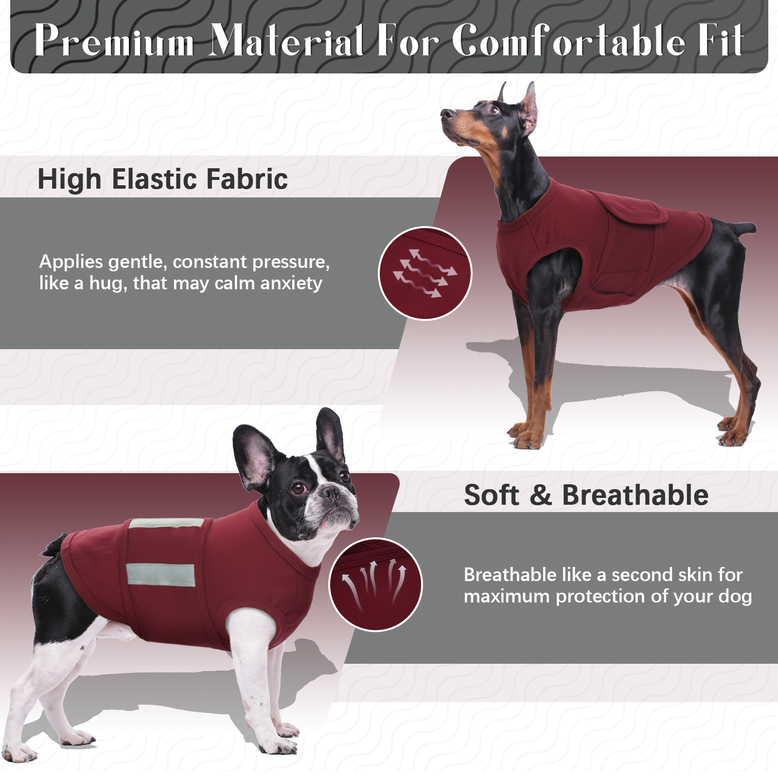Kuoser Dog Anxiety Vest, Soft and Reflective Calming Shirt for Dogs, Breathable Pet Anxiety Jacket Wrap for Fireworks, Thunderstorms, Separation, Travel, Burgundy, Small