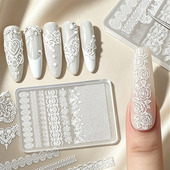 RAGUPEL French Lace Silicone Nail Molds Embossed Lace Rose Flower Nail Art Molds Elegant Floral Border 3D Gel Mold Flower Nails Charms Resin Mold Carving Template Diy Manicure Tool Nails Supplies
