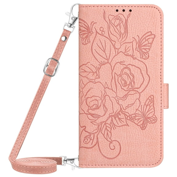 Dteck Magnetic Wallet Crossbody Case for iPhone 16e,Flower Pattern Leather RFID Blocking Card Slots Cash Pocket Case Shockproof Kickstand Cover with Shoulder Strap/Wrist Strap,Pink