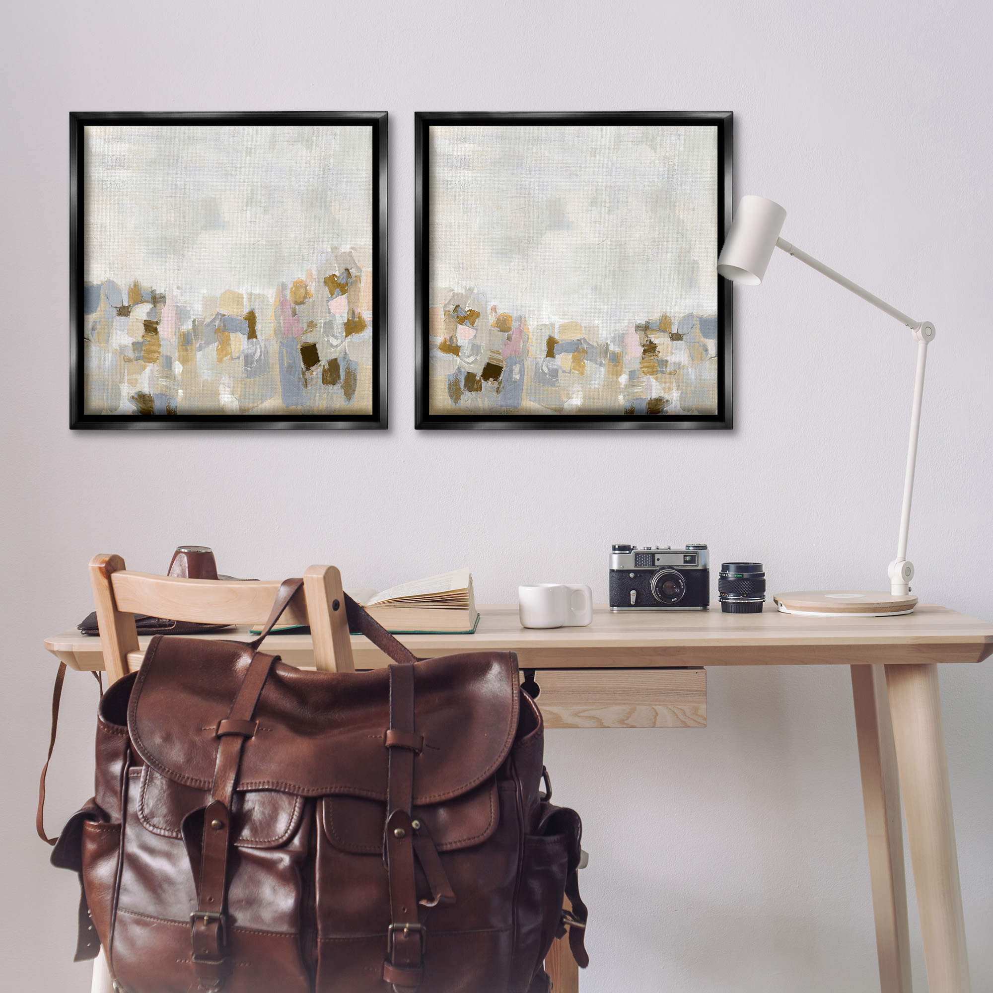 Stupell Industries Neutral Geometric Horizon Abstract Painting Black Floater Framed Canvas Art Print Wall Art, 25 x 25, Set of 2