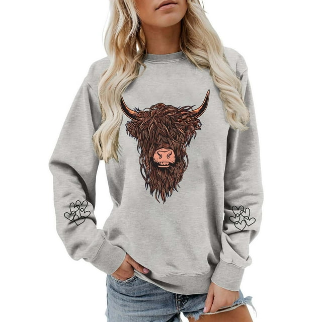 Women's Cow Print Drop Sleeve Hoodless Pullover Sweatshirt Crew Neck Sweatshirt