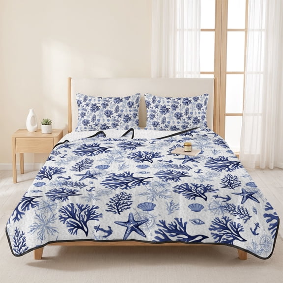 Ocean Starfish Coral Shell 3 Pieces Quilt Set,1 Quilt with 2 Shams,Blue Marine Creature Nautical Theme Bedspread Soft Lightweight Bedding Coverlet Comforter Set for All Season 96"x106"