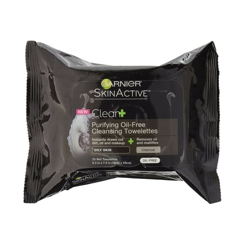 Garnier Clean Plus Purifying Oil Free Cleansing Towelettes, Charcoal, 25 Ea
