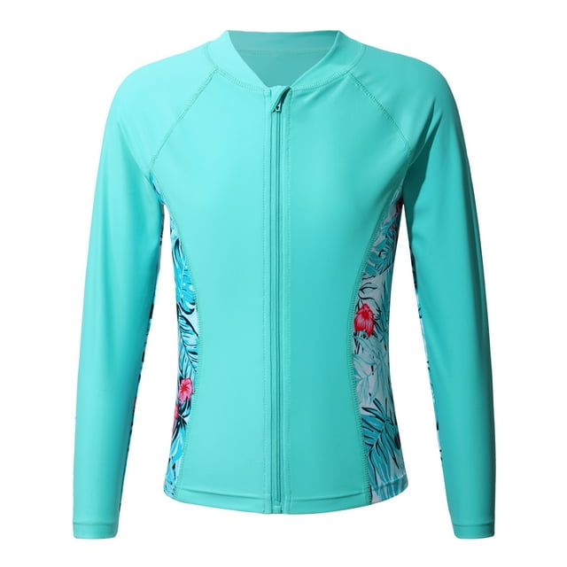 inlzdz Chemise de Bain UPF 50+ pour Filles, Manches Longues, Protection Éruption Cutanée, Veste à Fermeture Éclair, Vert Menthe 16
